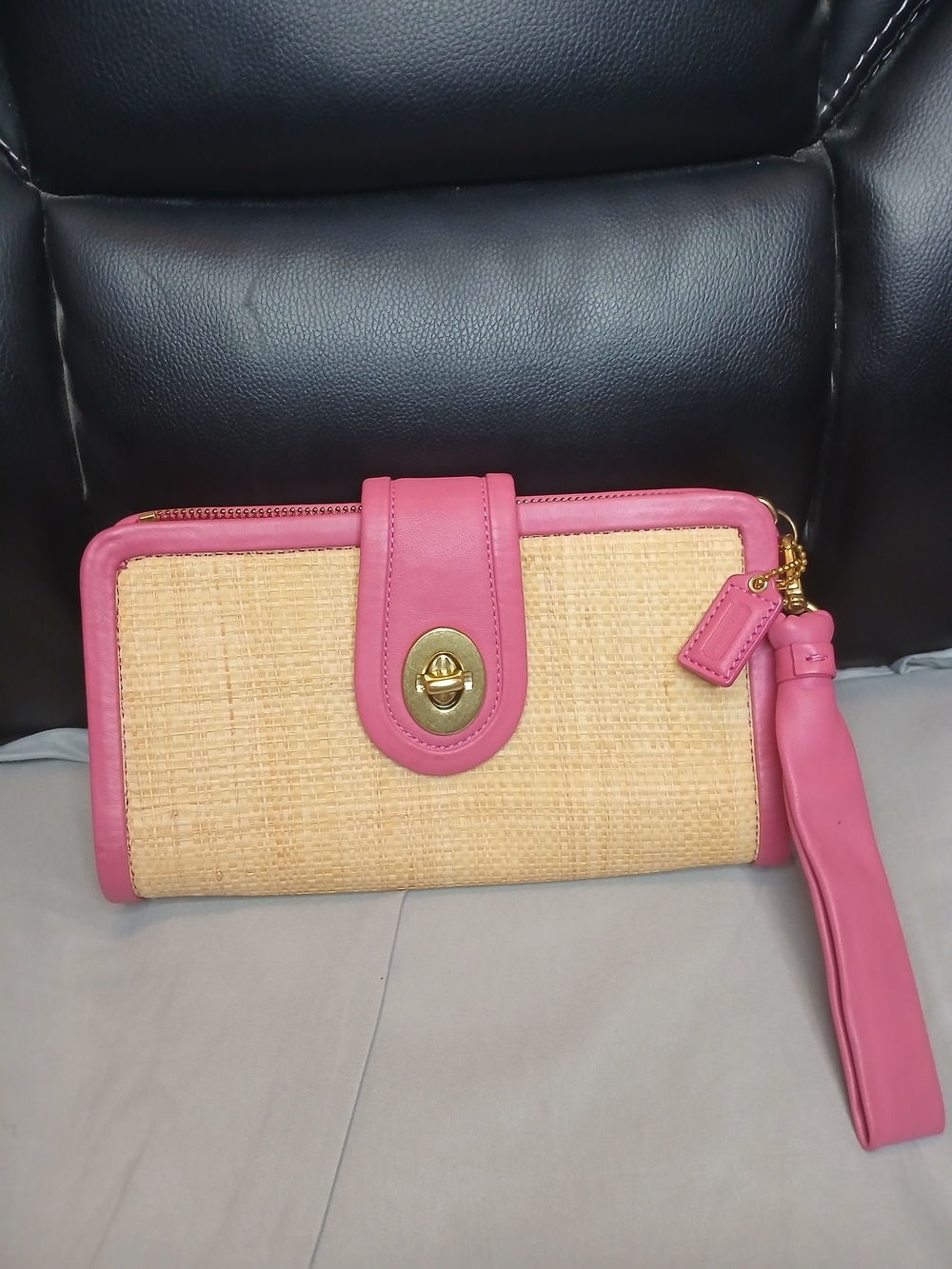 Coach Y2K Woven Straw Wristlet Clutch with Pink Leather Trim
